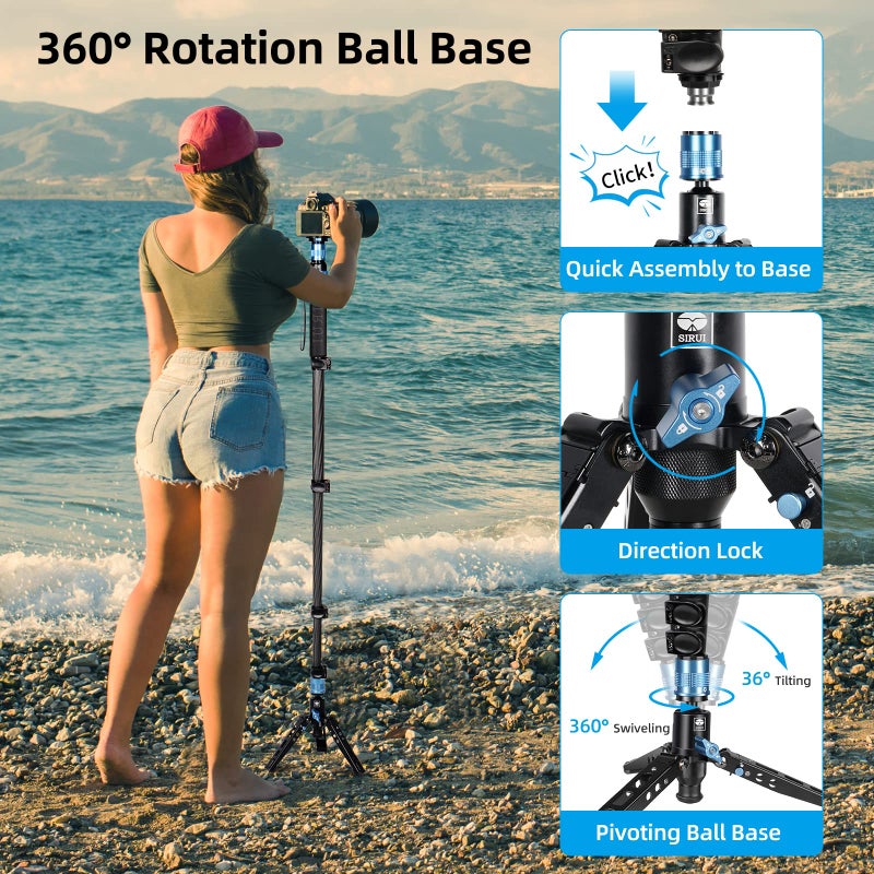 SIRUI P-325FS Monopod with Feet, 55" Carbon Fiber Professional Lightweight Travel Monopod for Cameras, Max Load 22lbs, 360Â° Panorama, 5-Section, Quick Release Plate - Image 3